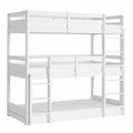 Kinder Etagenbett 90x200 cm Weiß, Massivholz, mit Leiter und Lattenrost für 3 Personen - westrena
