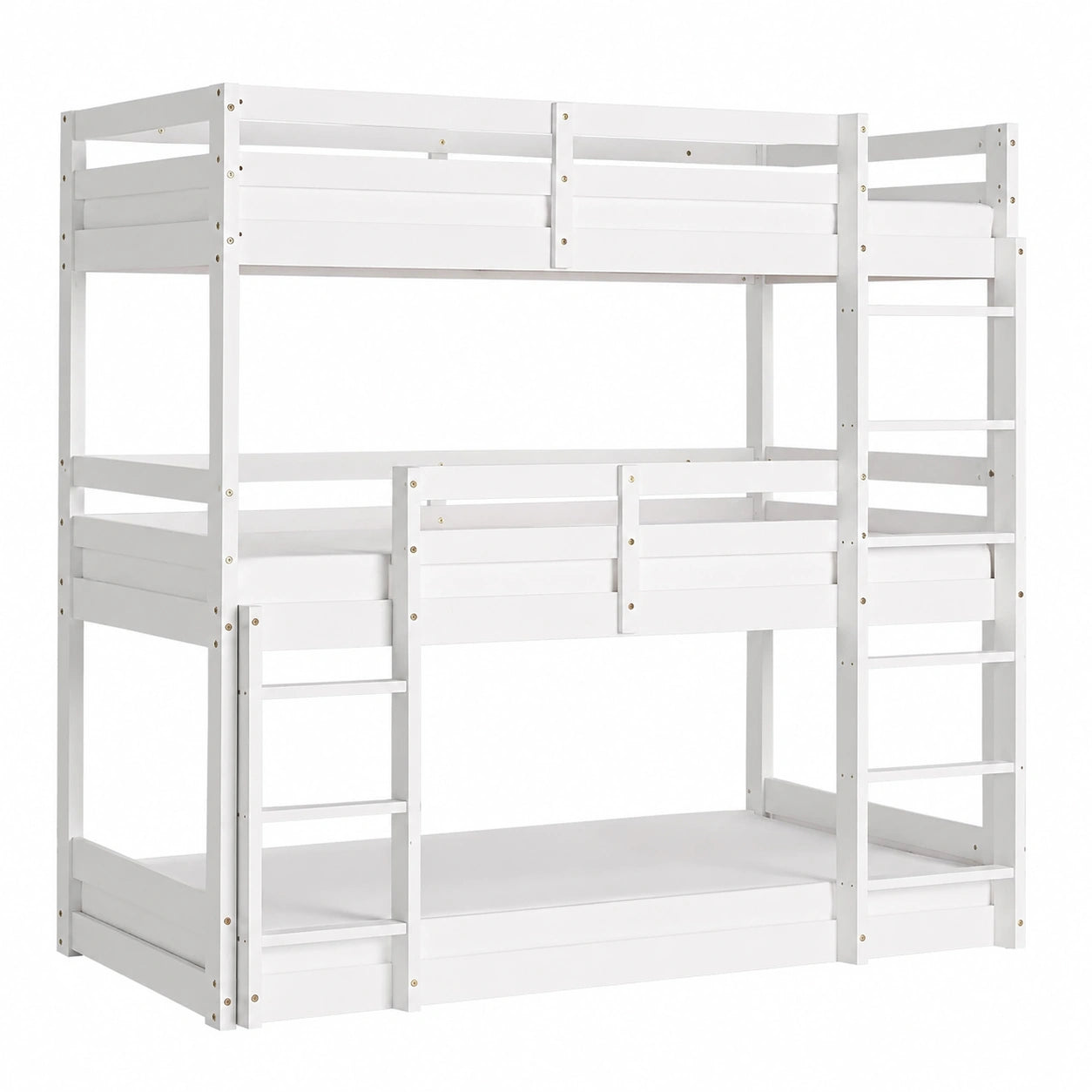 Kinder Etagenbett 90x200 cm Weiß, Massivholz, mit Leiter und Lattenrost für 3 Personen - westrena