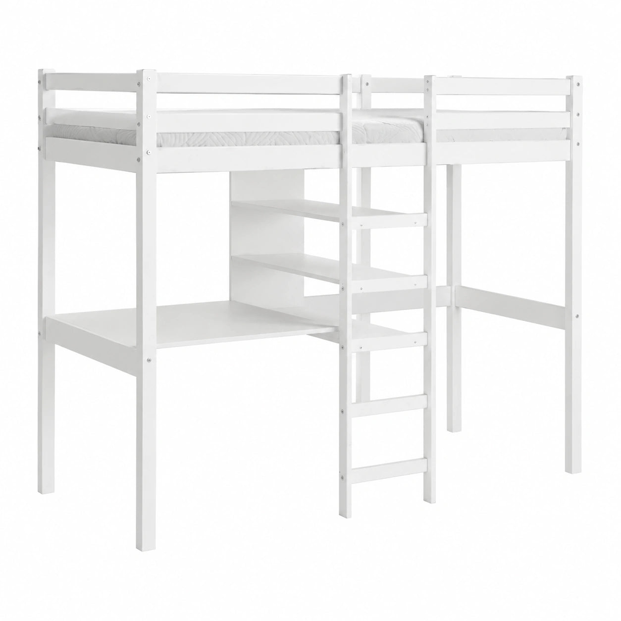 Hochbett für Kinder mit integriertem Schreibtisch, massivem Kiefernholz, 90x200 cm, Weiß - westrena