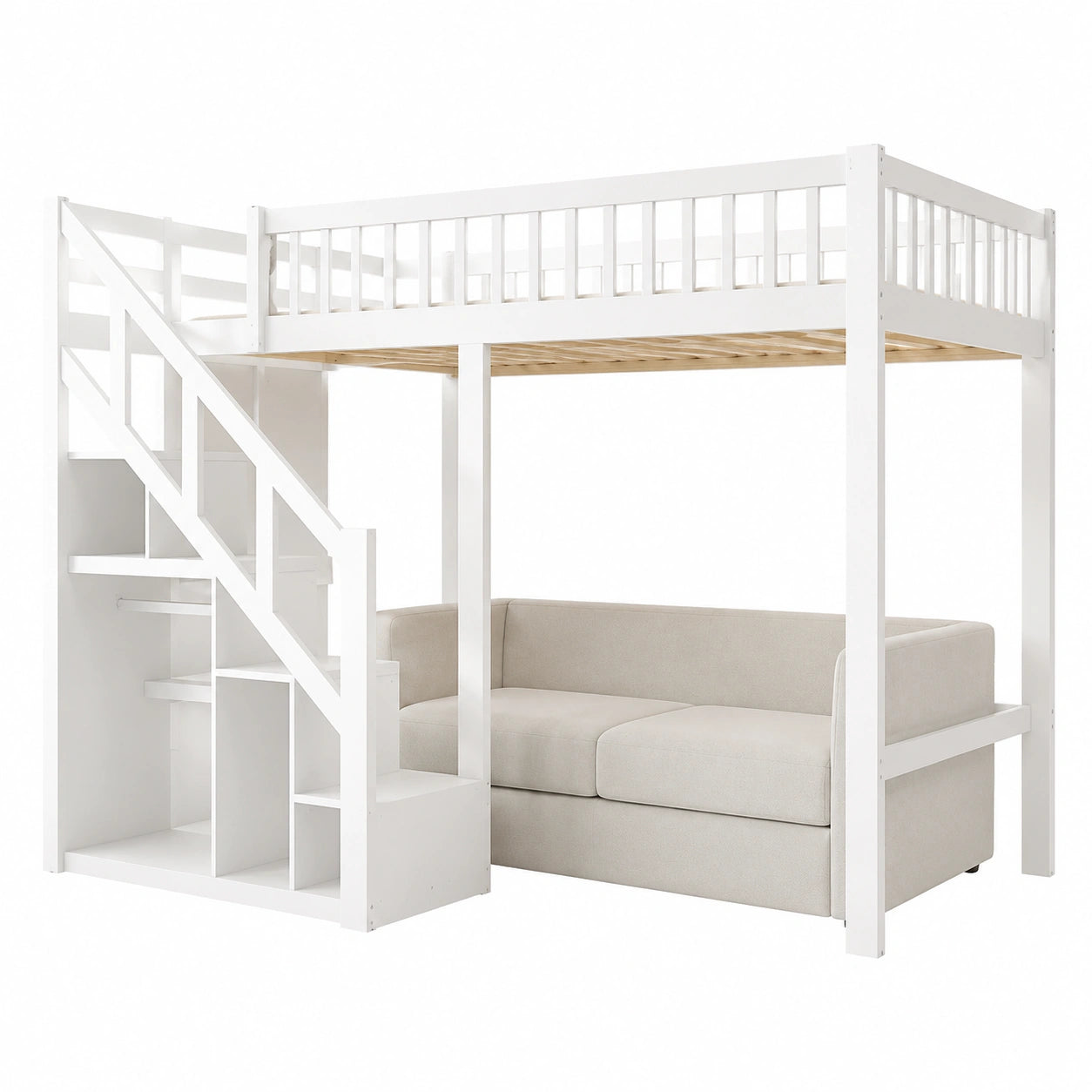 Holz-Etagenbett für Kinder mit Stauraum und Treppe, 90x200 cm, Rausfallschutz, Weiß - westrena