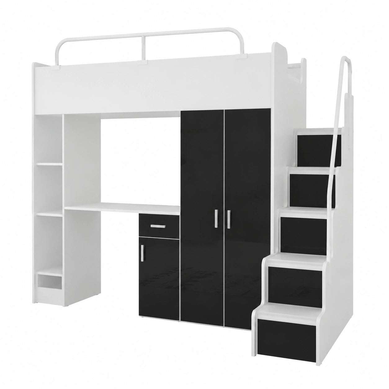 Multifunktionales Hochbett 90x200 mit Kleiderschrank, Schreibtisch und Treppe in Schwarz Hochglanz - westrena