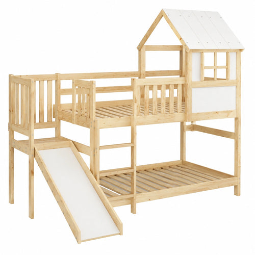 Hochbett 200x90 cm mit Rutsche und Treppe aus Holz, Kinder-Etagenbett inklusive Lattenrost - westrena