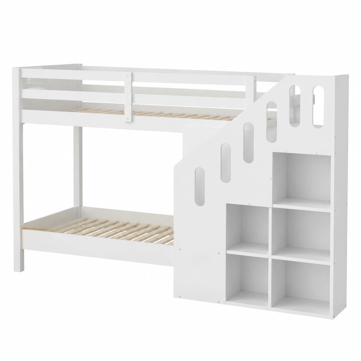 Hochbett mit Treppe und Stauraum, 90x200 cm, Sicheres Design für Kinderzimmer, Weiß - westrena