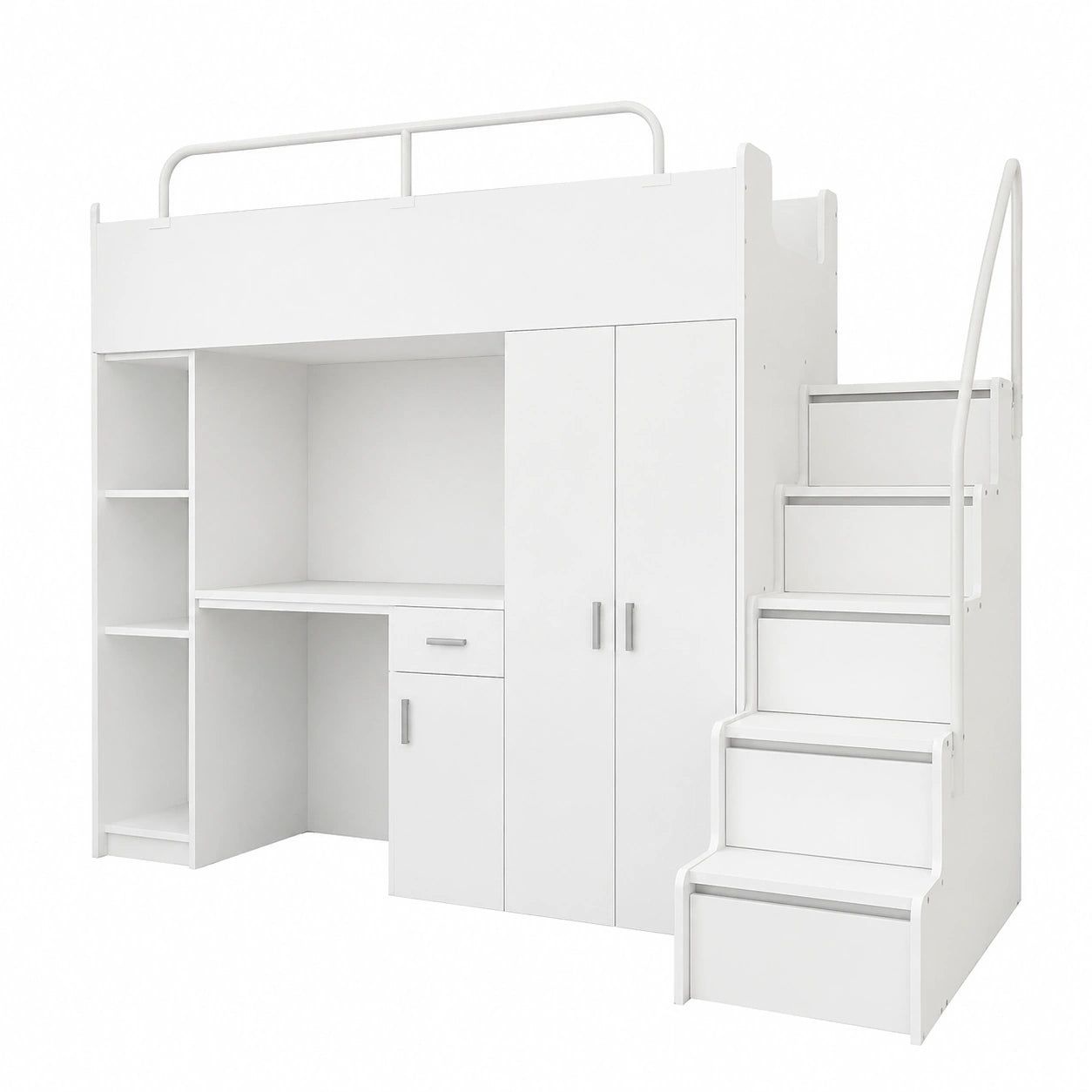 Multifunktionales Kinderhochbett mit Schreibtisch und Kleiderschrank, 90x200, Weiß Hochglanz - westrena