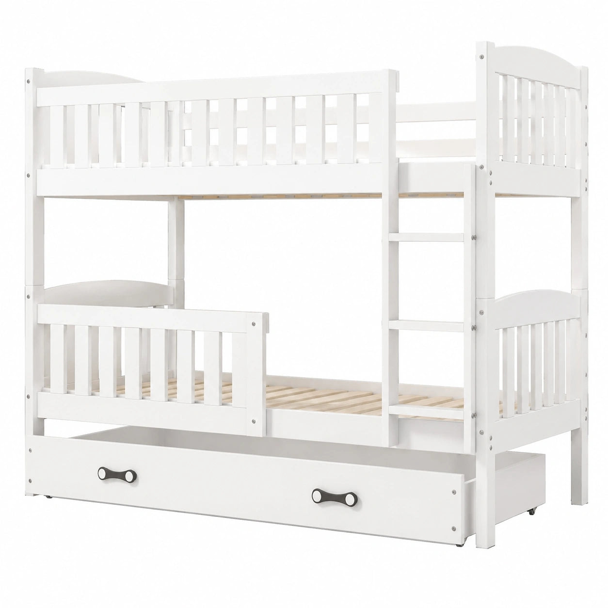 Robustes Kiefernholz-Etagenbett 90x200cm mit Schubladen und Fallschutz, Weiß - westrena