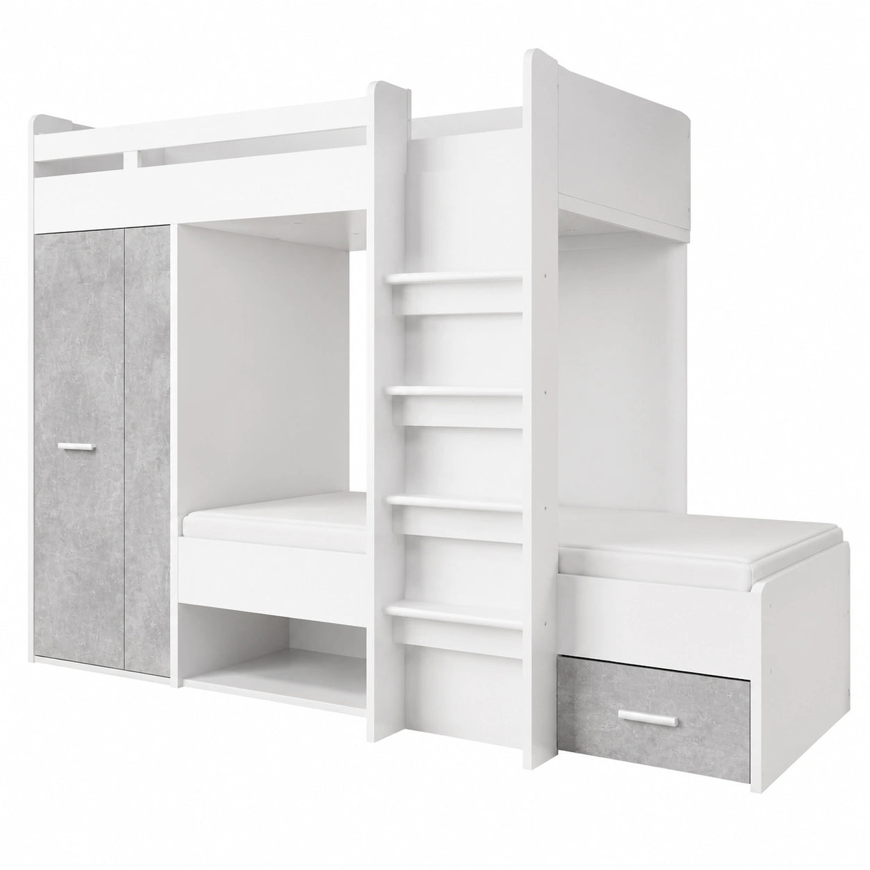 Stella Trading Hochbett MAXI - Kinderbett mit Schrank und 2 Liegeflächen 90x200 cm, Beton-Optik, Weiß, platzsparend - westrena