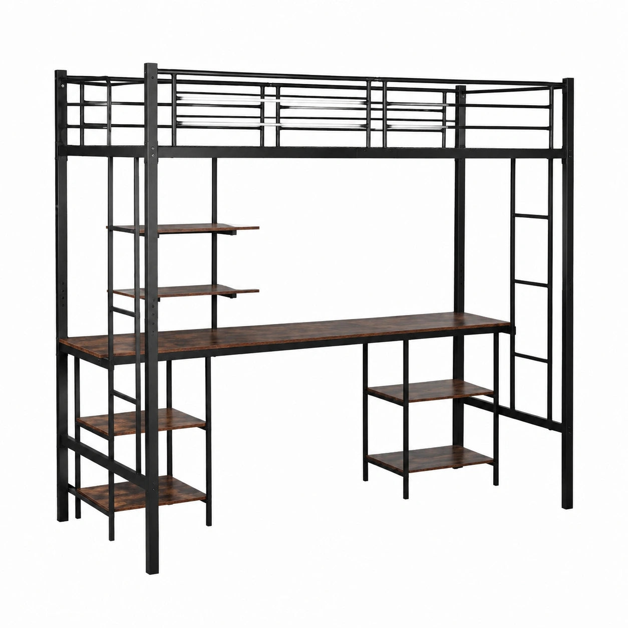 Metall-Hochbett mit Schreibtisch und Stauraumregal, 90x200 cm Etagenbett, sicherheitsgeländer und Leiter, geeignet für Kinder, Jugendliche und Erwachsene, Schwarz - westrena