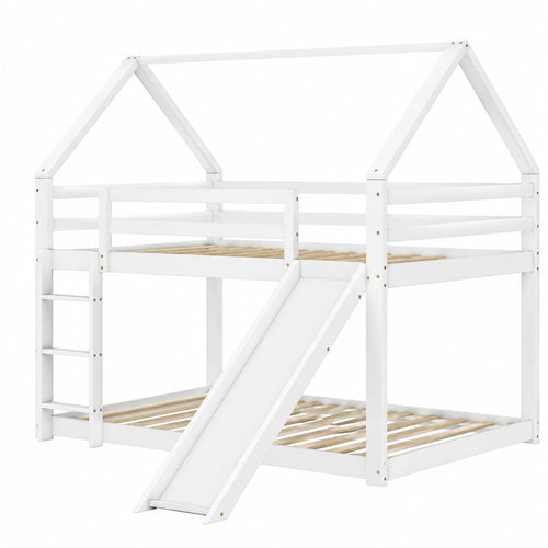 Hausbett für Kinder, Weiß, 140x200 cm, mit Rutsche und Leiter - westrena