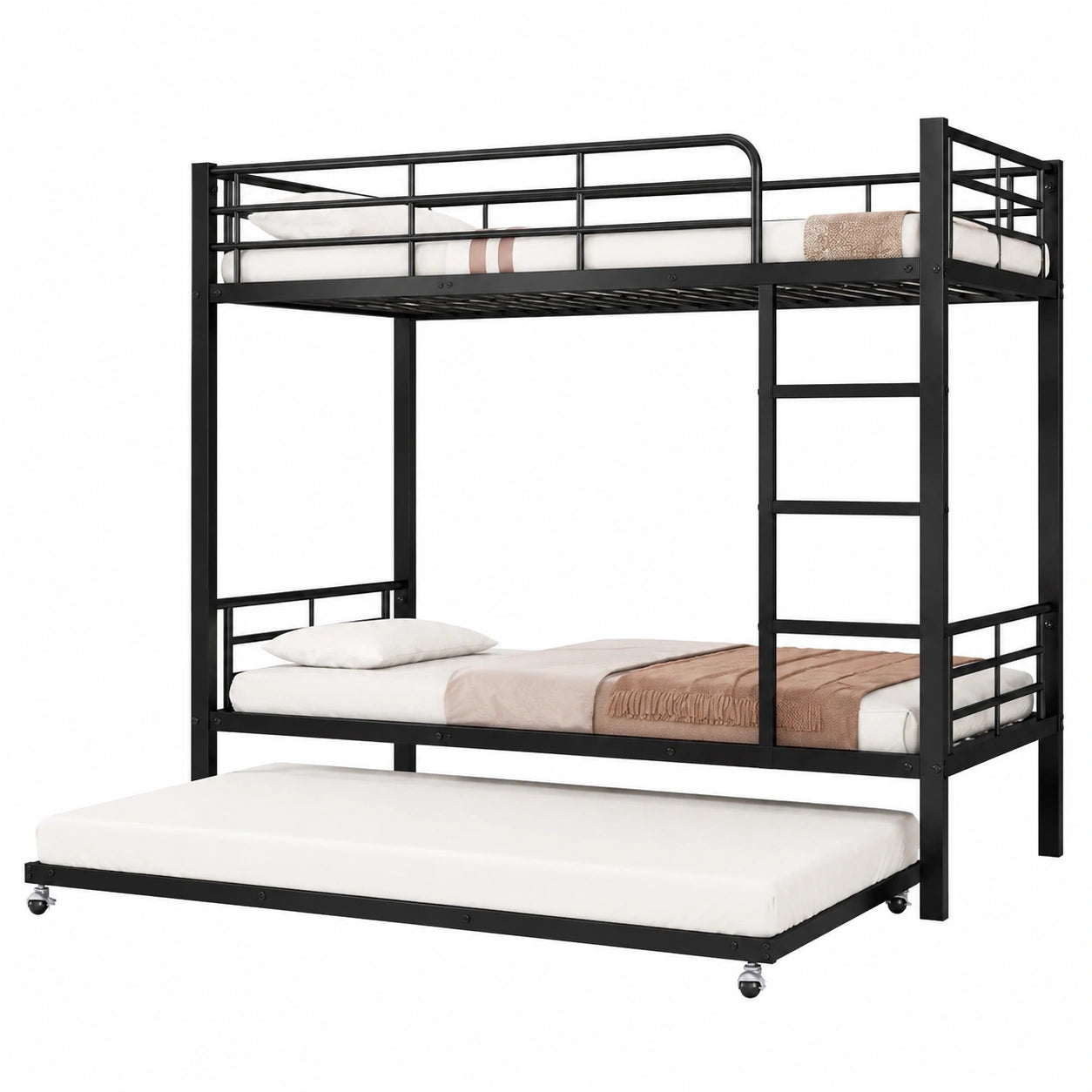 Robustes Eisen-Etagenbett mit Ausziehbett und Schutzgitter, für 3 Personen (90x200cm & 90x190cm) | Schwarzes Stockbett, EN747 Zertifizierung - westrena