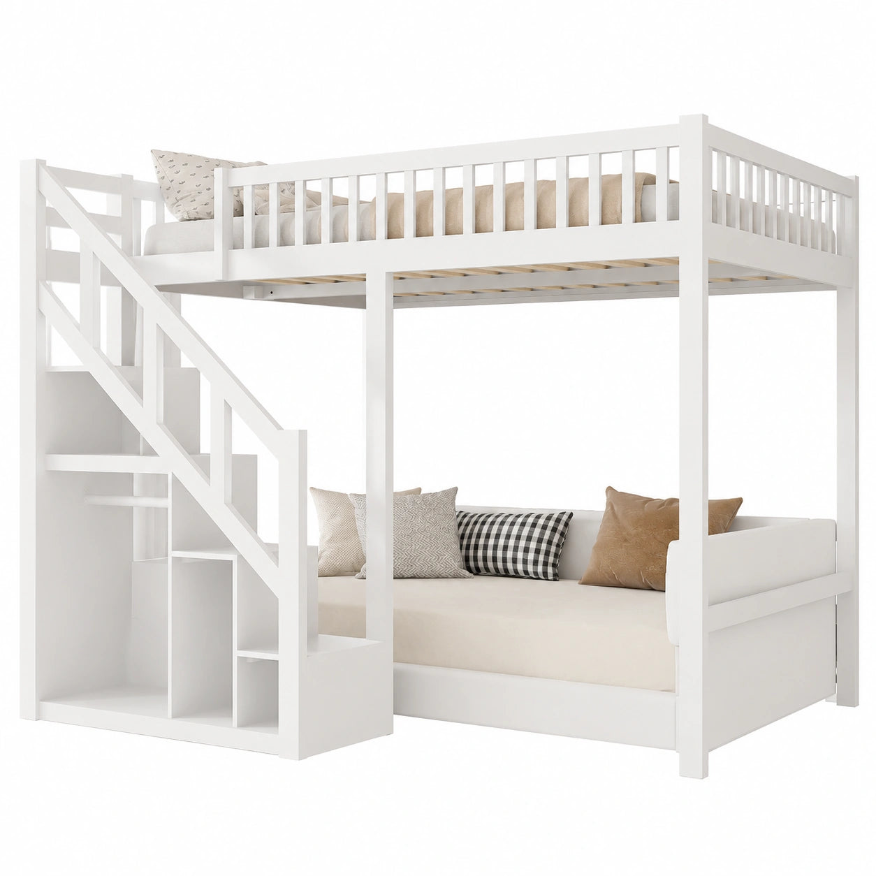 Massivholz Hochbett 140x200 cm mit Treppe und Stauraumschrank für Kinder, inklusive Lattenrost - westrena
