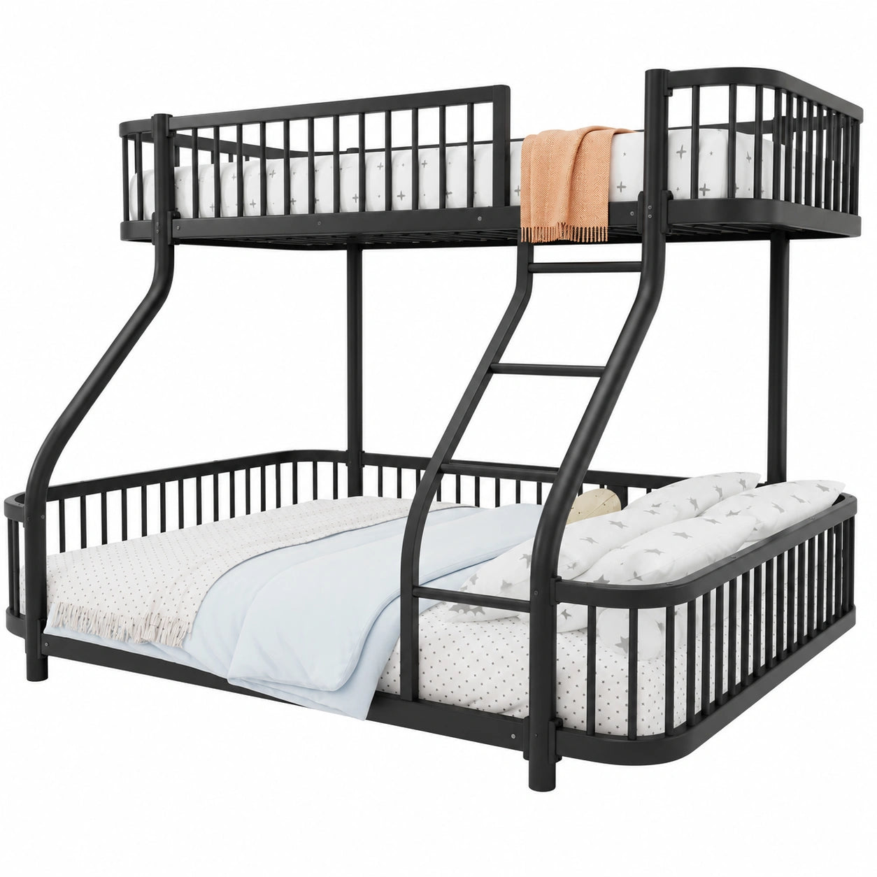 Metall-Etagenbett für Kinder 90x200 & 140x200 cm mit Leiter und Schutz, Doppelstockbett ohne Matratze, Schwarz - westrena