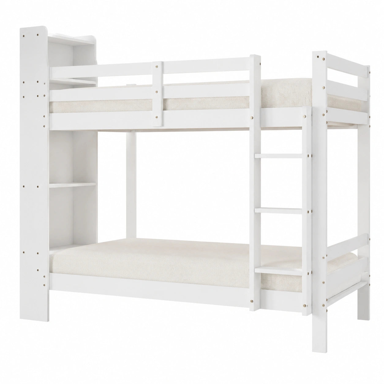 Hochbett für Kinder 90x200 aus Massivholz, mit Regalen und Leiter, Etagenbett für zwei, inkl. Lattenrost, Weiß - westrena