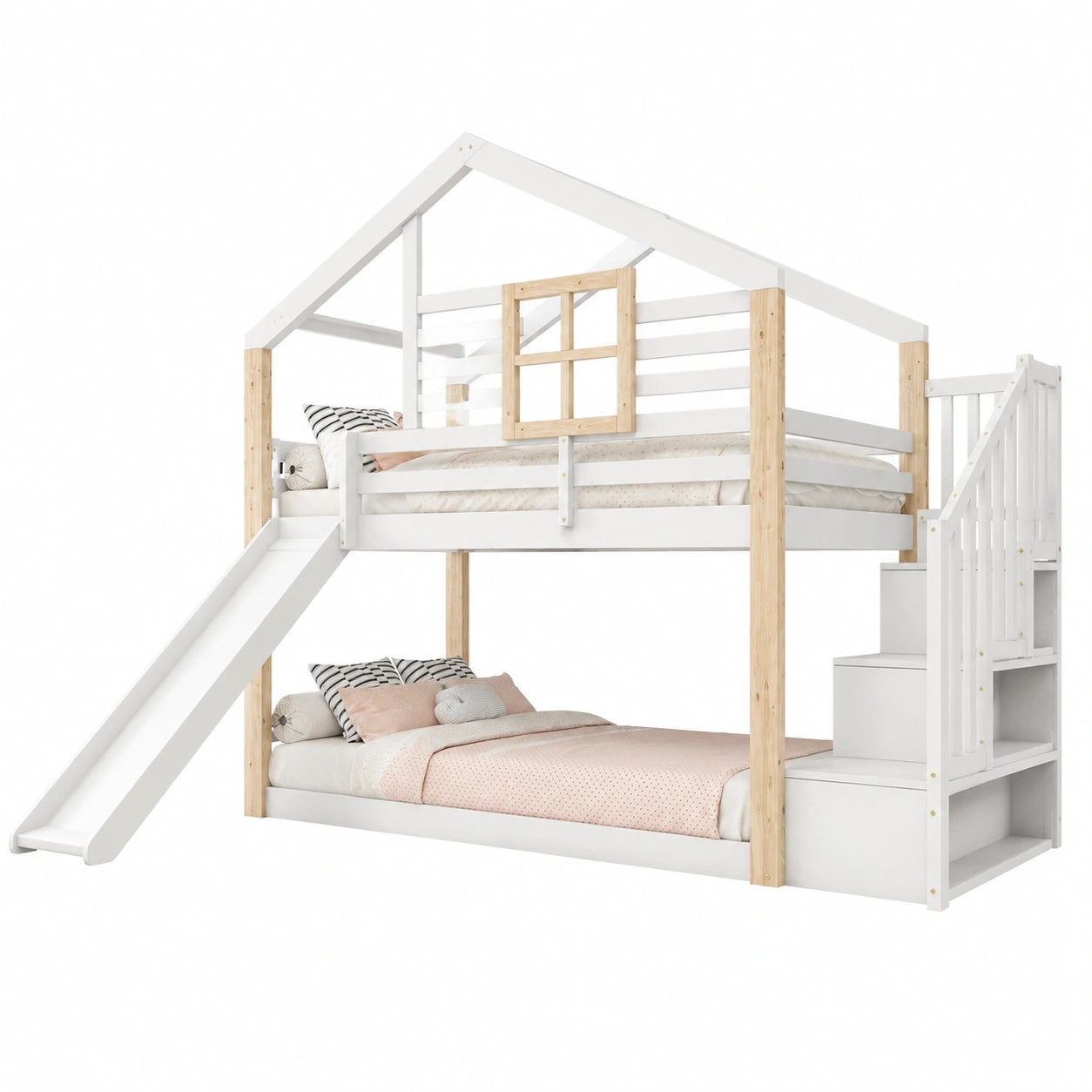 Hochbett mit Rutsche und Treppenstauraum, Kinderhausbett mit Lattenrost, für Jungen und Mädchen, ohne Matratze - westrena