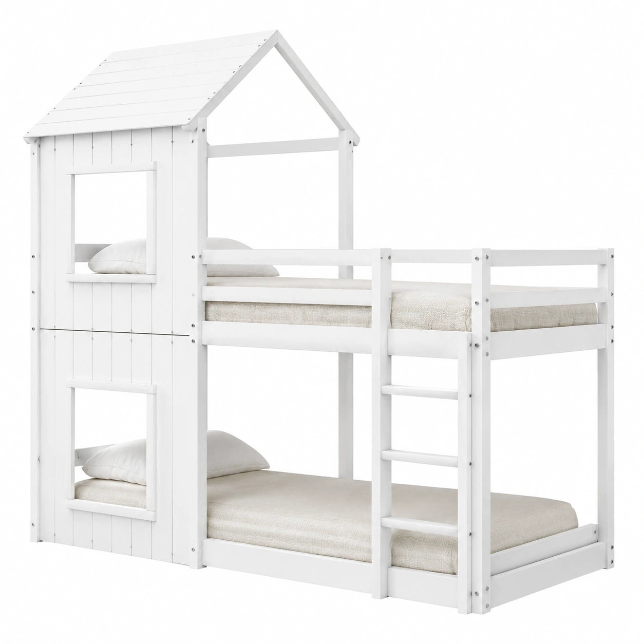 Hochbett 90x200 für Kinder, Etagenbett mit Leiter und Baldachin, sicheres Spielbett in Weiß - westrena