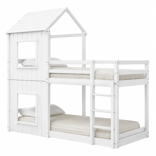 Hochbett 90x200 für Kinder, Etagenbett mit Leiter und Baldachin, sicheres Spielbett in Weiß - westrena
