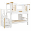 Hochbett für Kinder 90x200cm mit Treppe, Fenster und Dach, Weiß/Natur - westrena