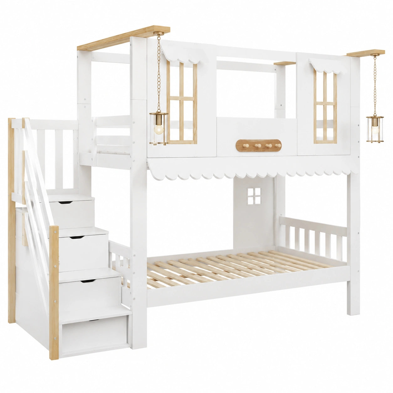 Hochbett für Kinder 90x200cm mit Treppe, Fenster und Dach, Weiß/Natur - westrena