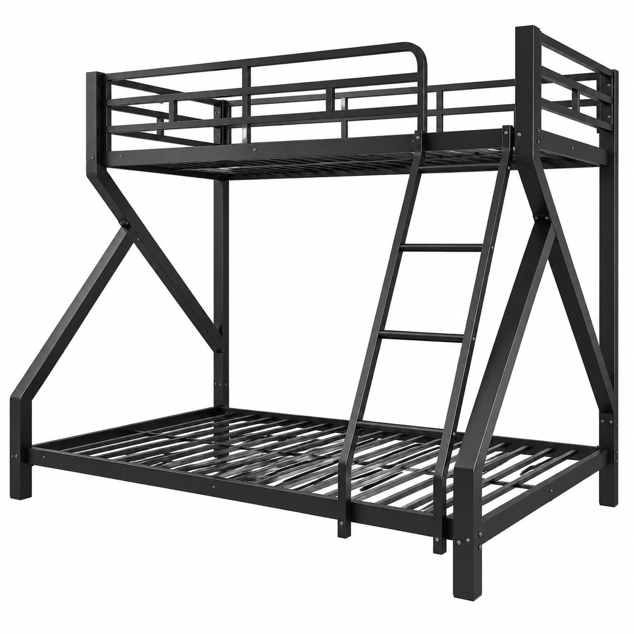 Hochbett für 3 Kinder aus Metall, 90x200 & 140x200, mit LED, Leiter und Rausfallschutz, Schwarz - westrena