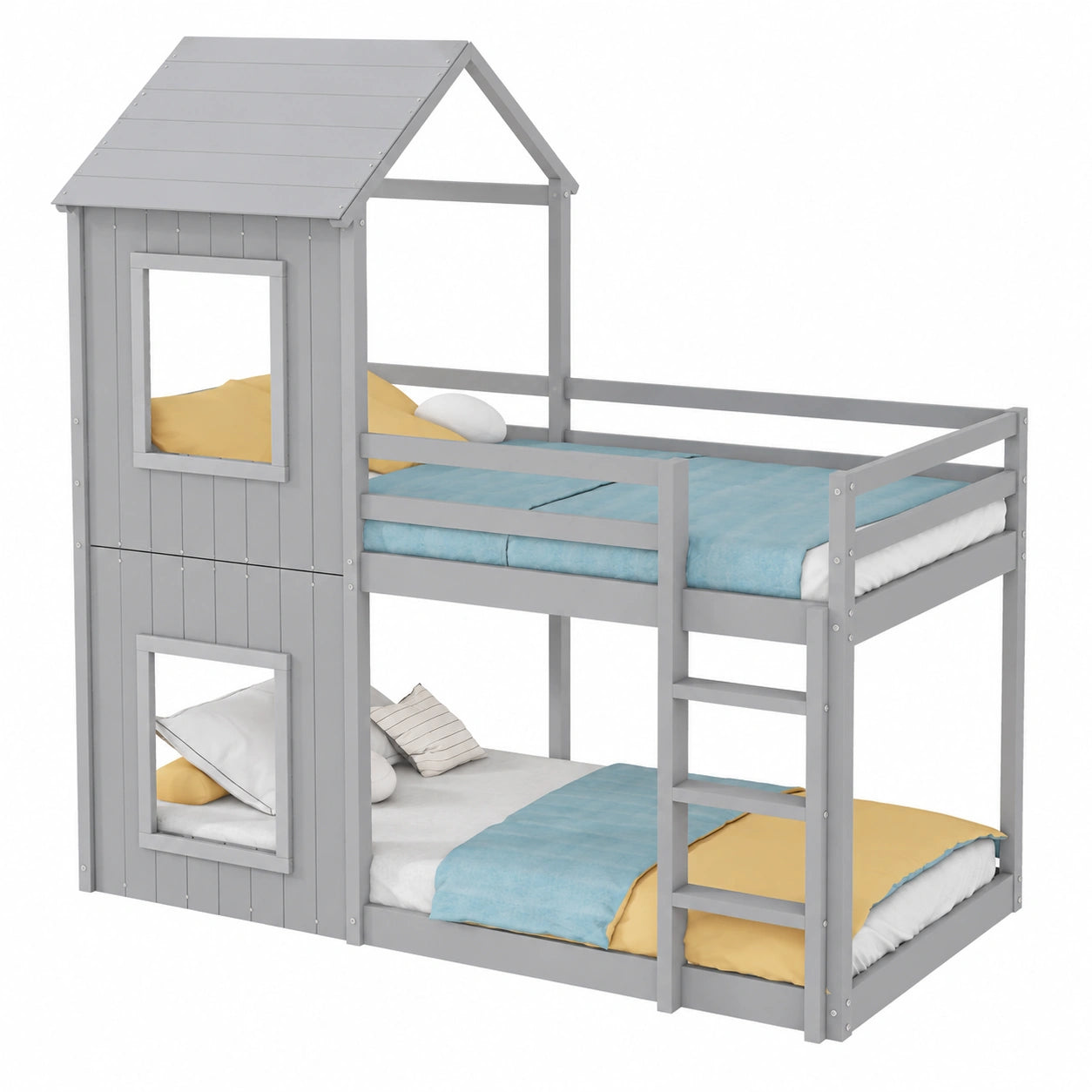 Hochwertiges Etagenbett 90x200 cm mit Rausfallschutz, Baumhaus-Design für Kinderzimmer, Massivholz, Grau - westrena