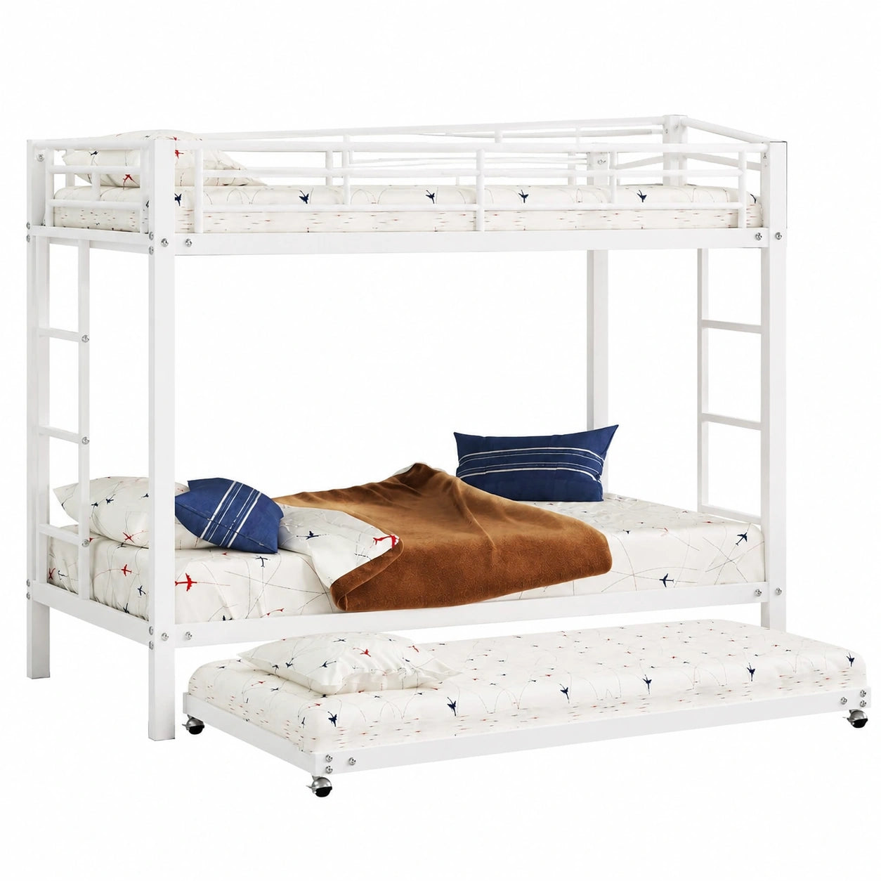 Dreifaches Kinder-Etagenbett aus Metall mit Ausziehbett und Leiter, 90x200 cm, Weiß, inkl. Rausfallschutz und Lattenrost - westrena