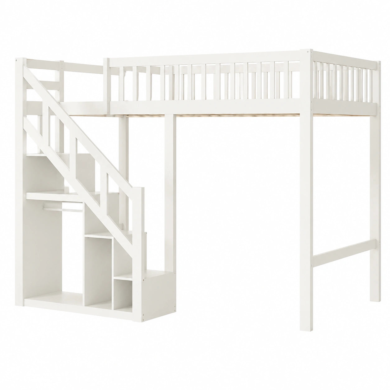 Massivholz Etagenbett 90x200cm mit Treppe und Stauraum, Kinder- und Jugendbett mit Regal und Schrank, Hochbett ohne Matratze, Weiß - westrena