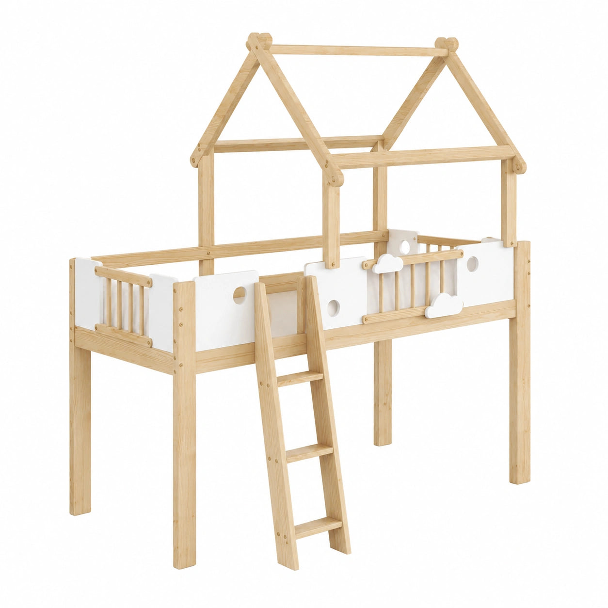 Merax Kinder Hochbett 90x200cm mit Rausfallschutz und Lattenrost, Hausbett mit Schräge, Dachdesign, platzsparendes Etagenbett aus Kiefer und MDF, Natur & Weiß - westrena