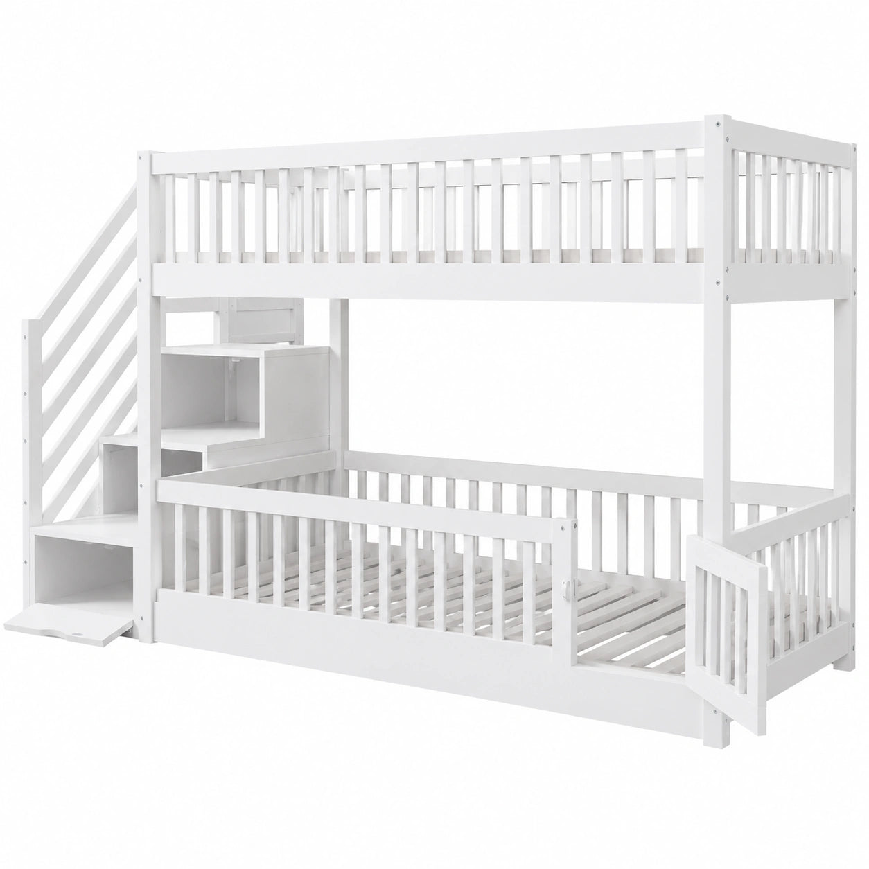 Hochbett für Kinder mit Treppe und Geländer, 90x200 cm, Weiß, ohne Matratze - westrena