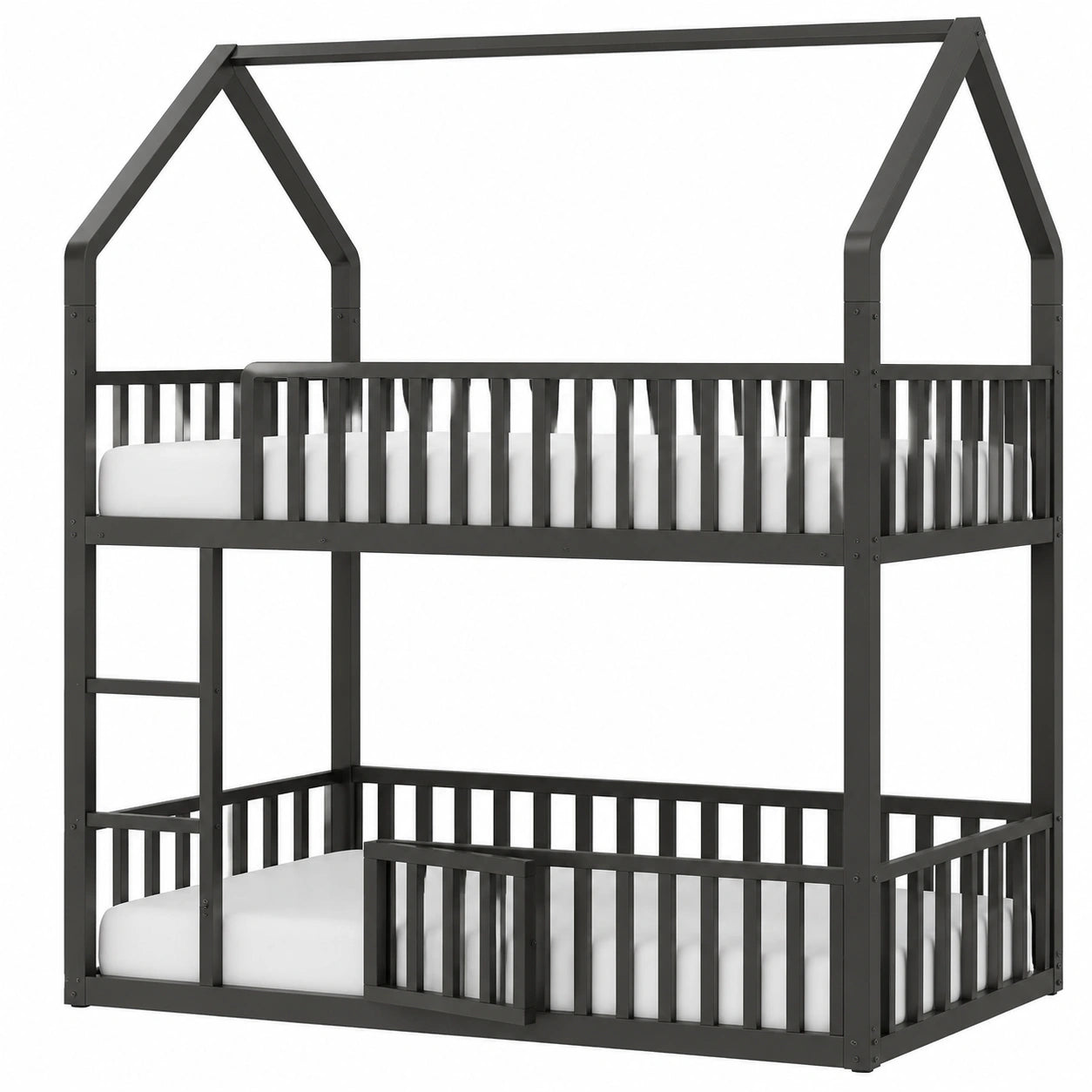 Haus-Etagenbett 90x200 für Kinder, mit Leiter und Geländer, Metallrahmen in Schwarz, Spielbett ohne Matratze - westrena