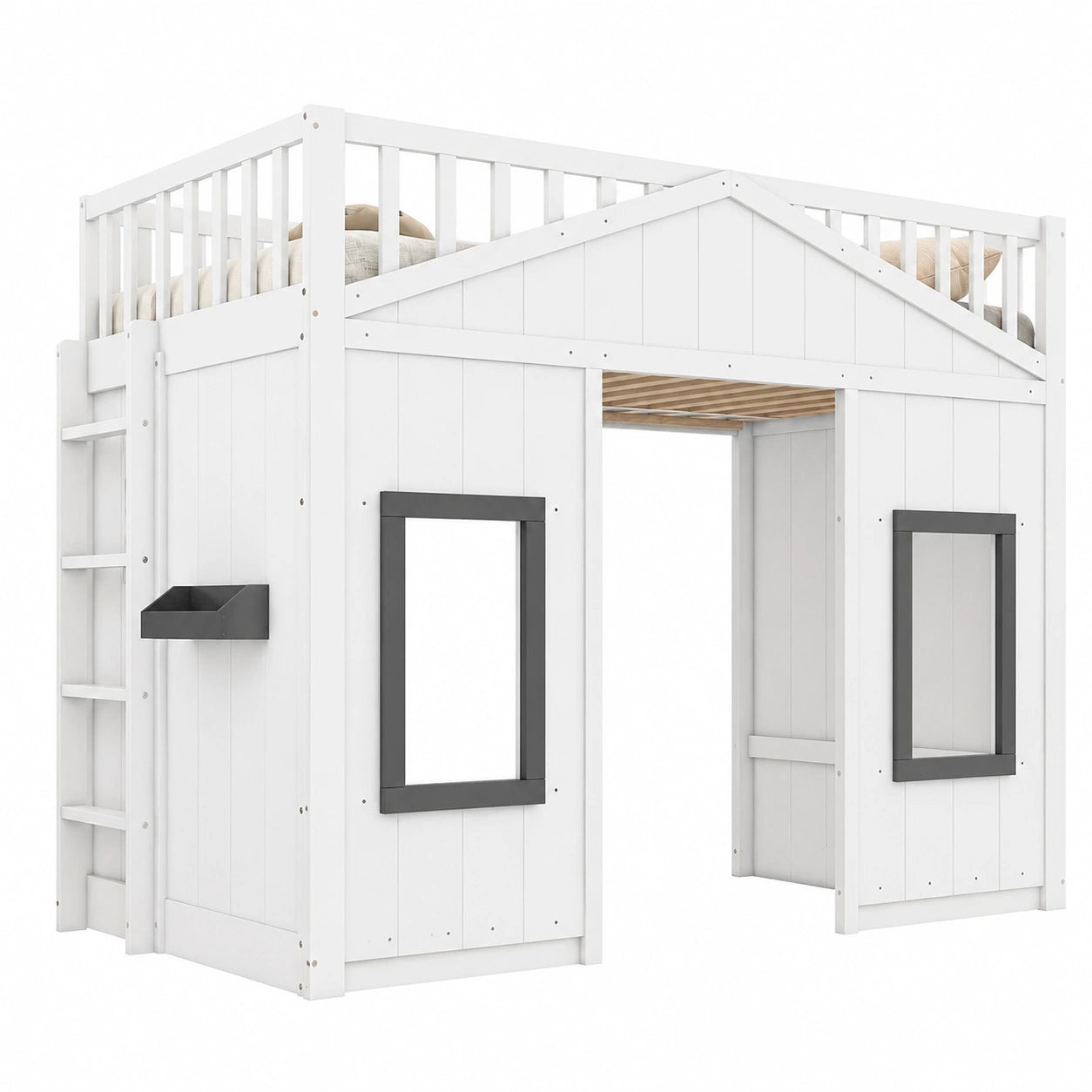 Hochbett für Kinder 90x200 cm mit Fenster und Regal, Hausdesign aus Kiefernholz, inkl. Rausfallschutz und Lattenrost, Weiß - westrena