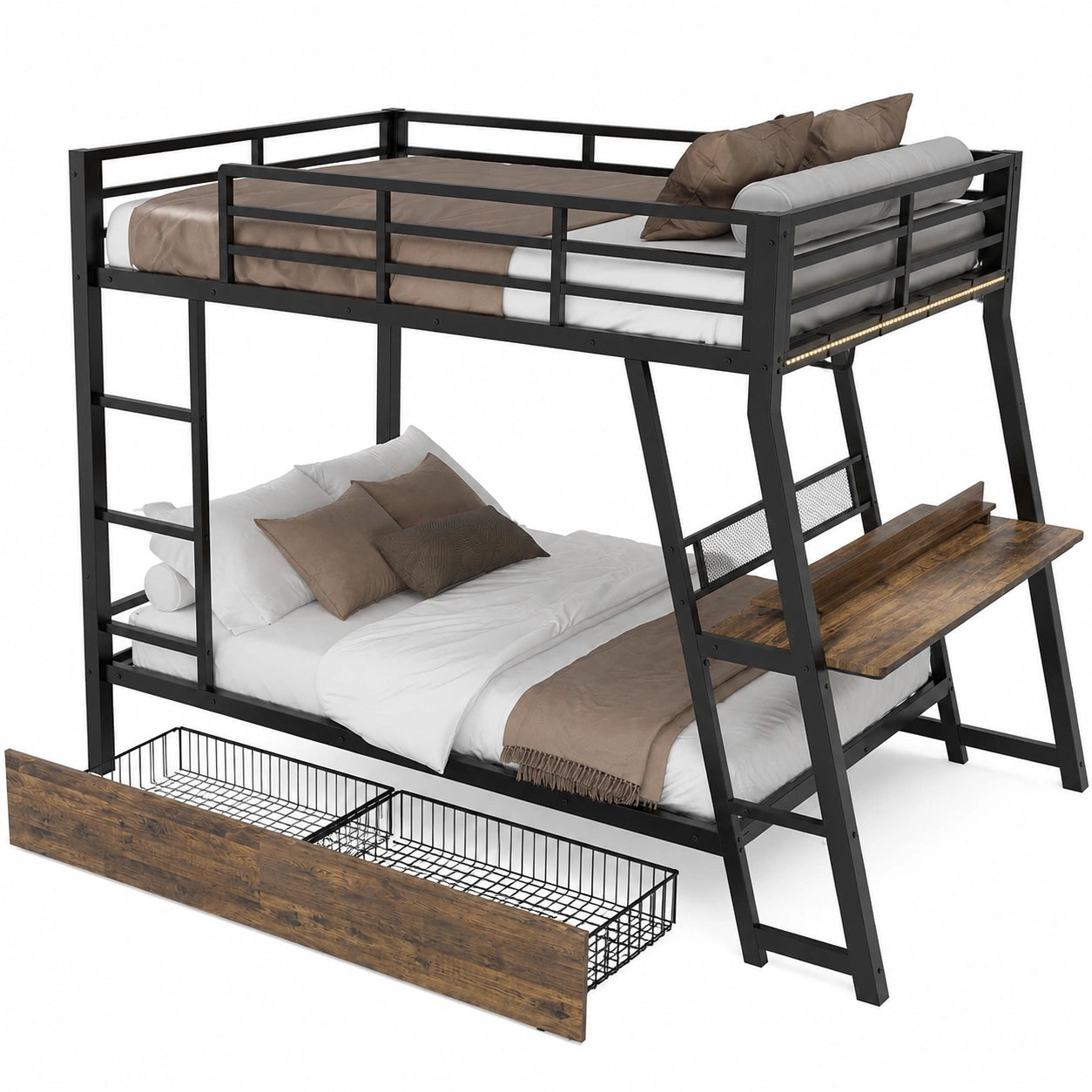 Hochbett aus Metall 140x200 cm mit Schreibtisch und Stauraum, für 2 Personen, inkl. Leiter, ohne Matratze (Schwarz) - westrena