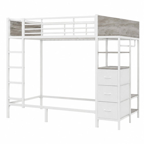 AOGLLATI Multifunktionales Hochbett 90x200cm mit LED und Ladestation, Kinder- und Jugendbett mit Treppe, Rausfallschutz und Stauraum, Weiß - westrena