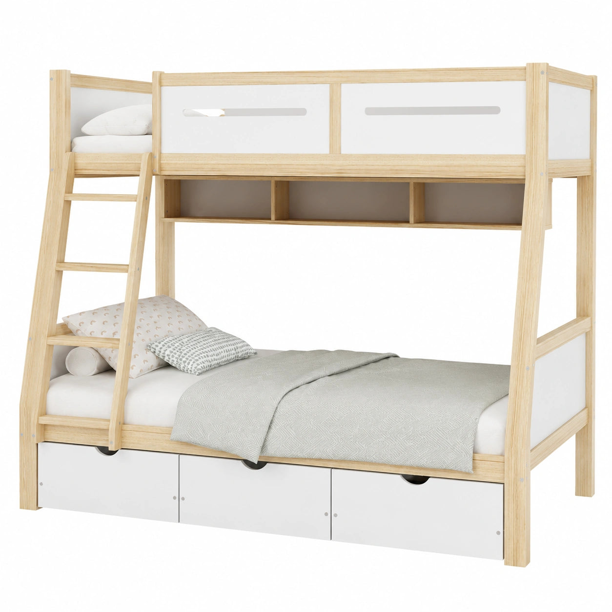 Kiefernholz-Etagenbett für Kinder mit Rollenschubladen und Ablagefächern, 90/120x200 cm, mit Sicherheitsgeländer und Leiter, Weiß/Natur - westrena