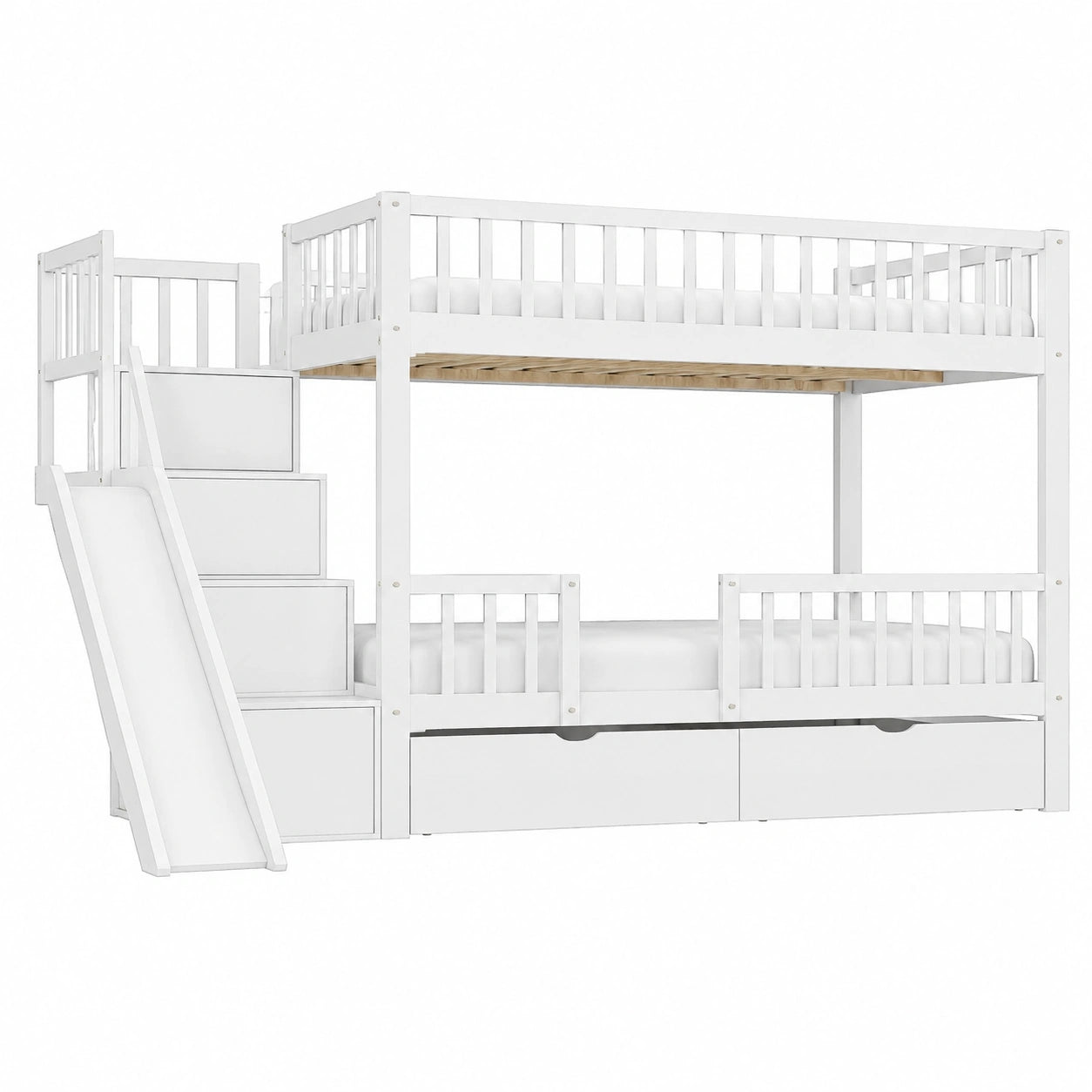 Kinder-Etagenbett 90x200 mit Rutsche und Stauraum, Weiß - westrena