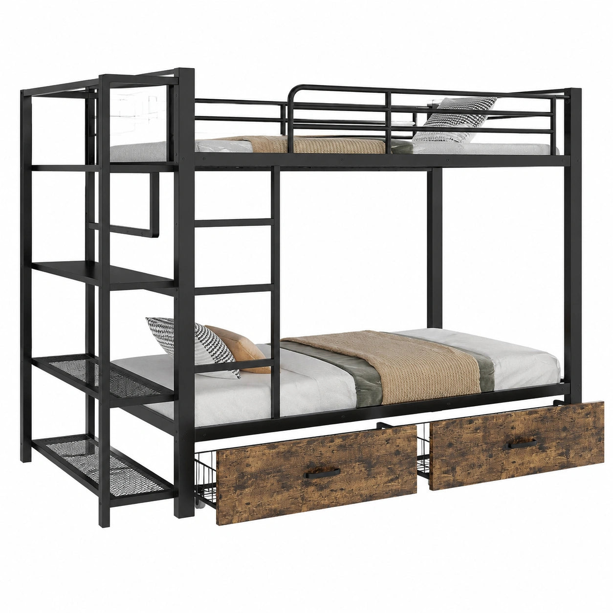 Modernes Metall-Etagenbett 90x200 cm mit LED, Schubladen & Regal, Sicherheitsgeländer, Schwarz - westrena