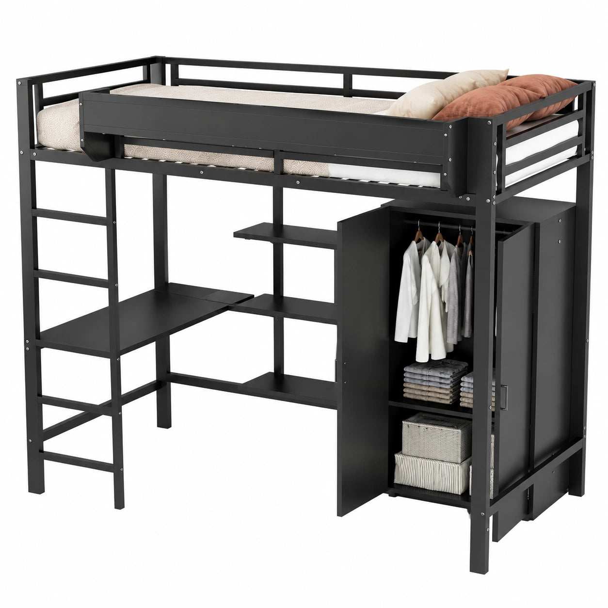Merax Hochbett 90x200cm mit integriertem Schreibtisch, Kleiderschrank und Regal, stabiles Metall-Etagenbett mit Lattenrost und Absturzsicherung, platzsparend für Kinder und Jugendliche, Schwarz - westrena