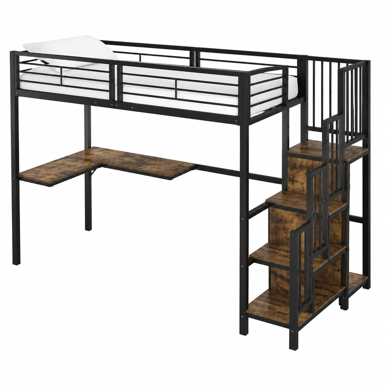 Raumsparendes Metall-Etagenbett 90x200cm mit Schreibtisch und Kleiderschrank, inkl. Lattenrost und Rausfallschutz, Schwarz - westrena